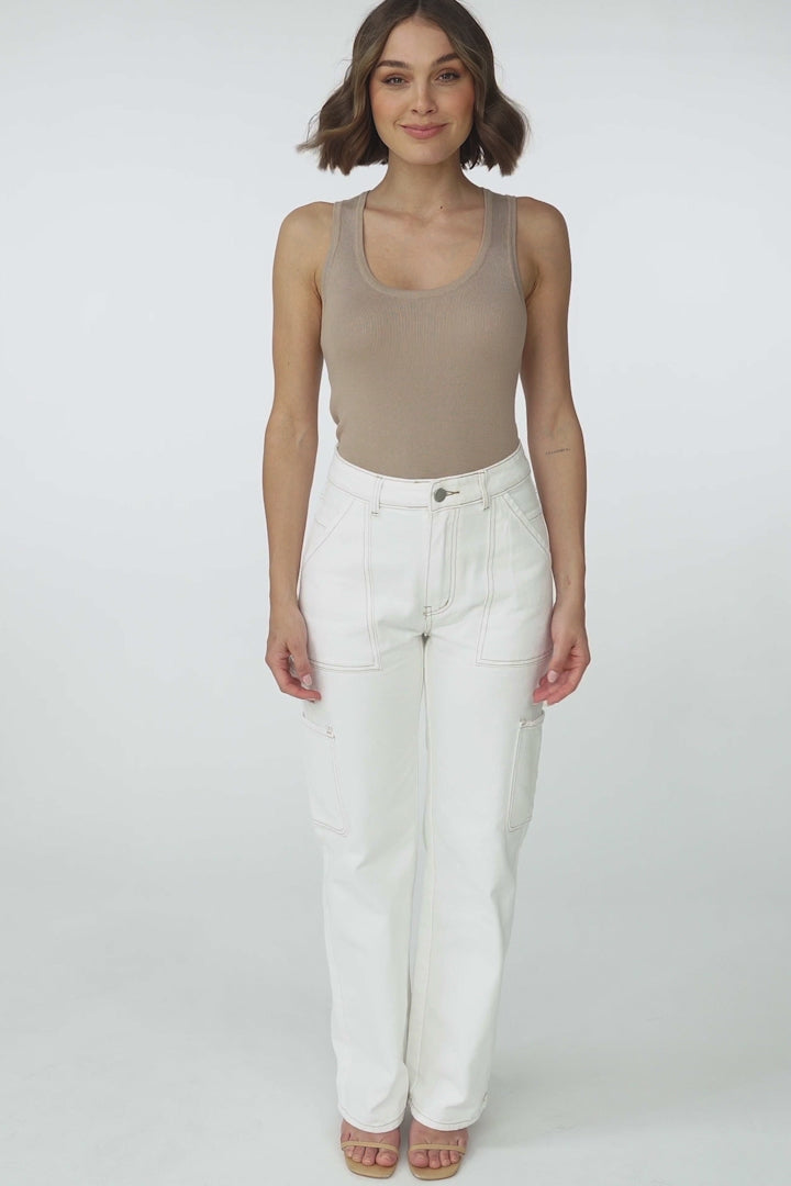 Chakra Cargo Pants - Contrast Stitching Straight Leg Cargo Jean in White