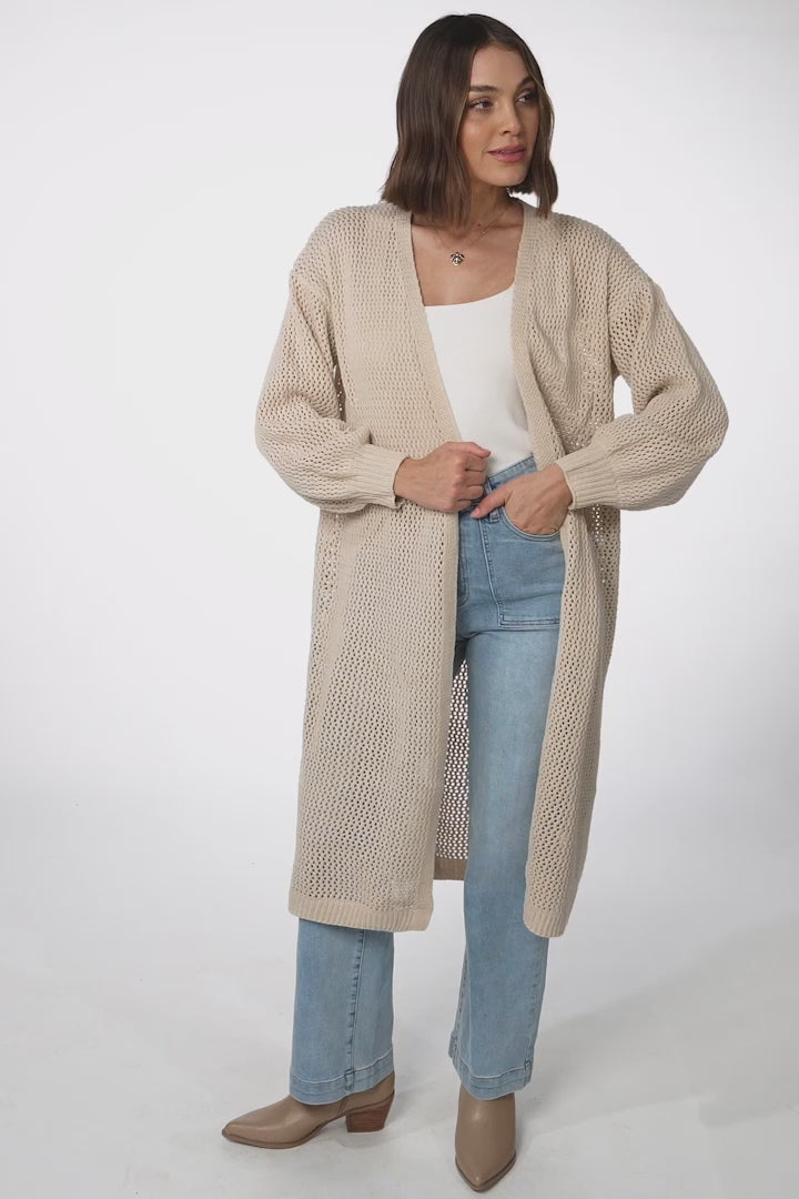 Melrose Cardigan - Longline Open Front Cardigan in Beige