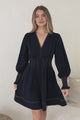 Karey Mini Dress - Fit and Flare Contrasr Stitching Dress in Dark Denim