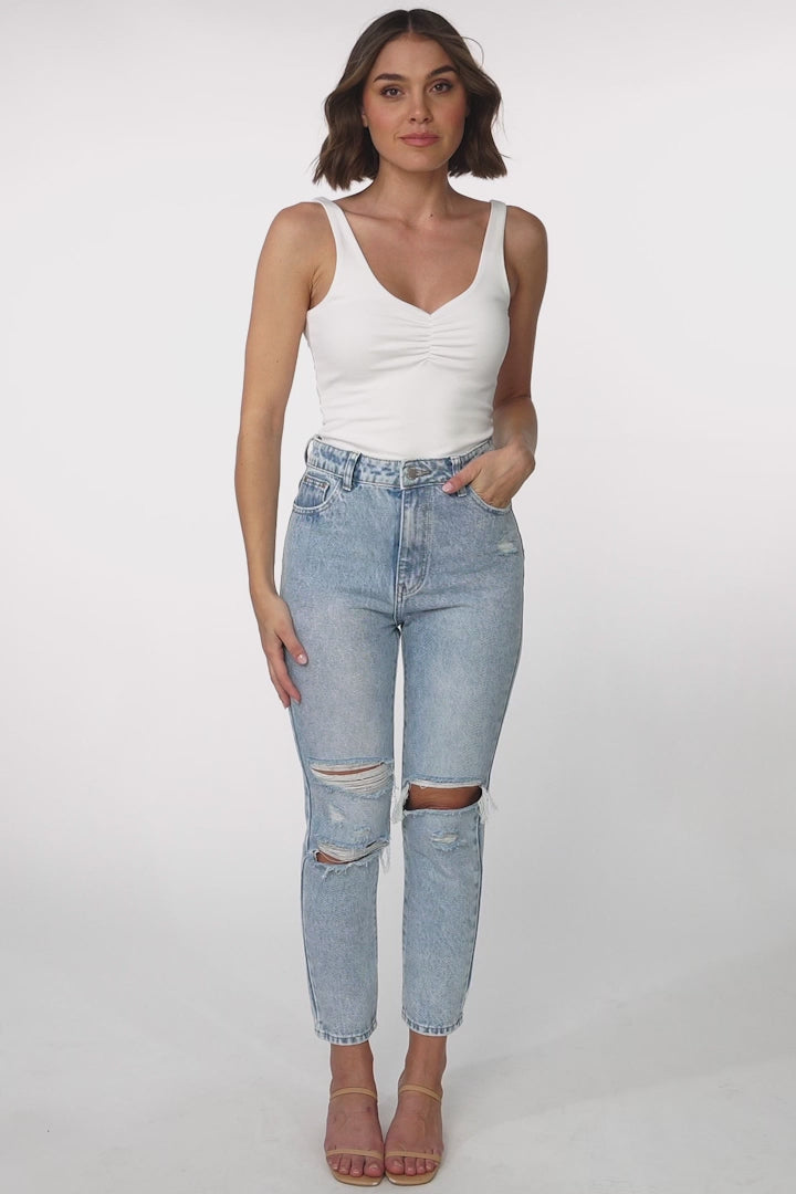 Kabili High Waist Ripped Mum Jeans in Light Denim