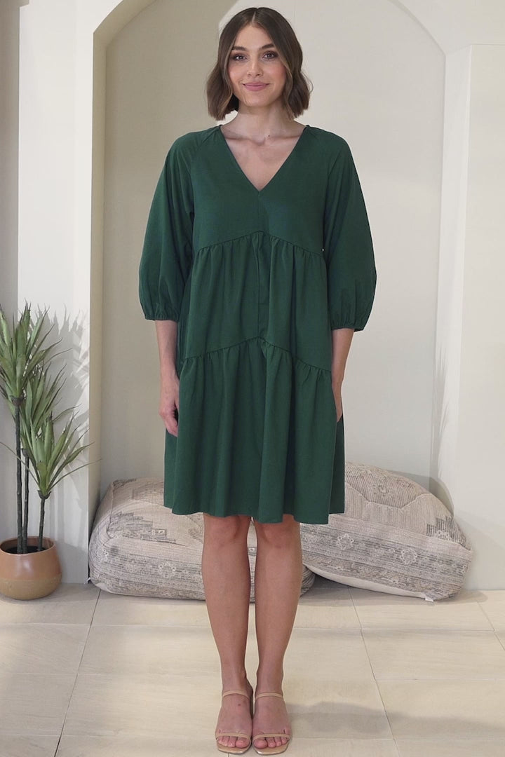 Astara Mini Dress -  V Neck Tiered Smock Dress in Green