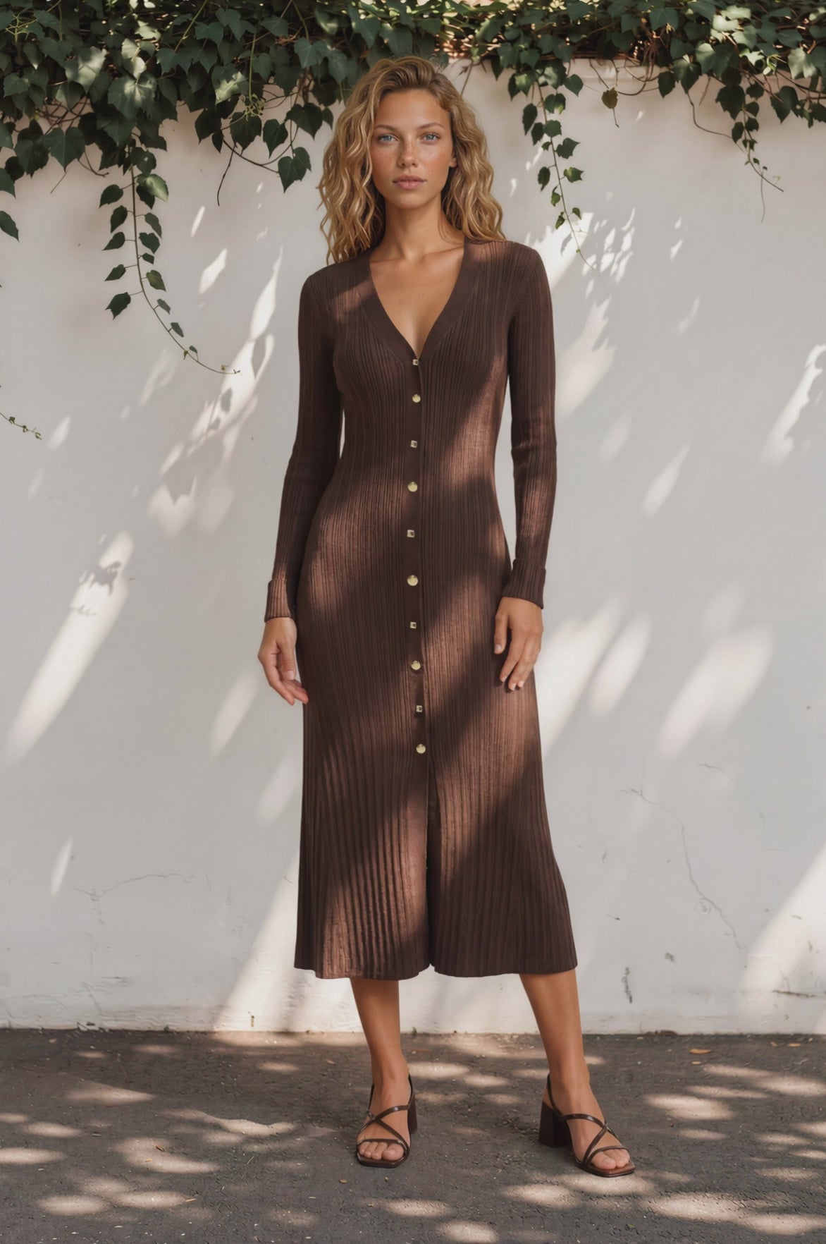Alexander Knit Midi Dress - Ribbed Knit Dress with Long Fitted Sleeves in Chocolate