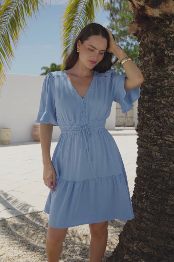 Truese Mini Dress - A-Line Dress with Short Ruffle Sleeves in Light Blue