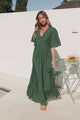 Winifred Maxi Dress - V Neck Button-Front A Line Dress with Flutter Sleeves in Mitzi Print Green