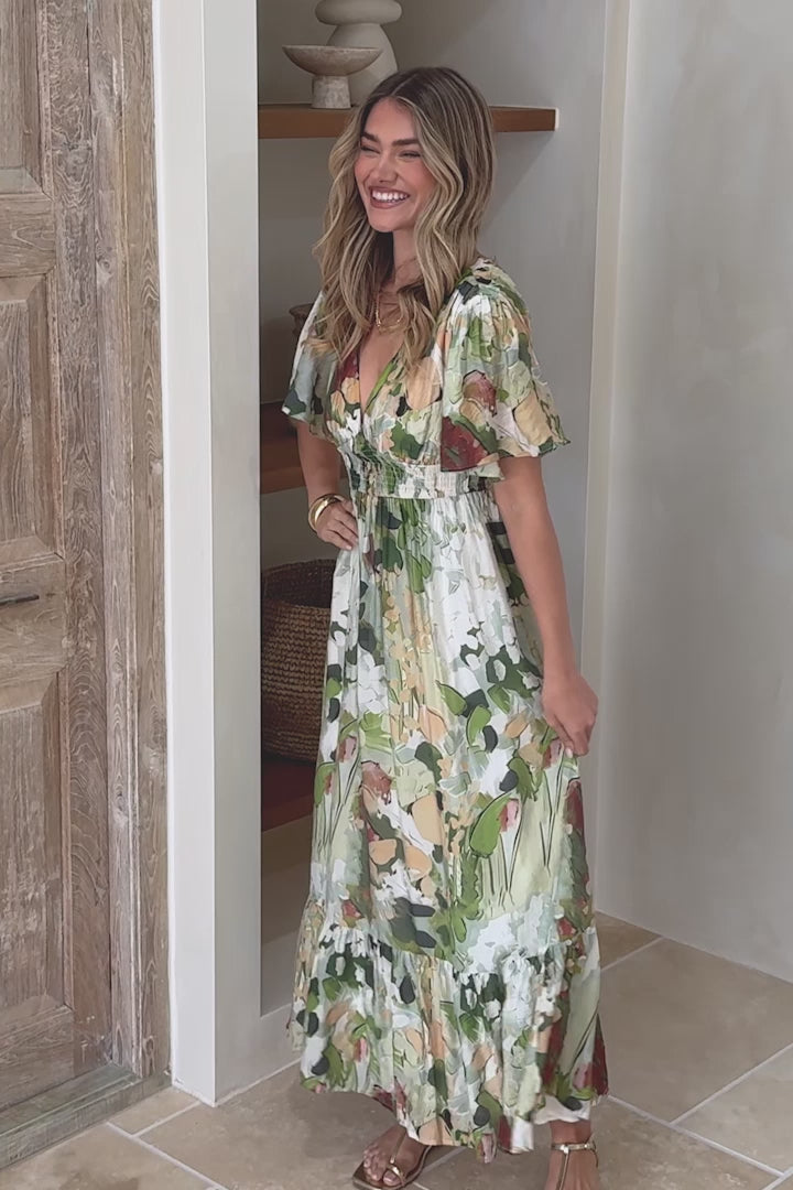 Glades Maxi Dress - V Neck Shirred Waist A Line Dress in Kamara Print Green