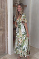 Glades Maxi Dress - V Neck Shirred Waist A Line Dress in Kamara Print Green