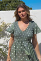Amaya Midi Dress - Shirred Cap Sleeve A Line Dress in Parisian Polka Khaki