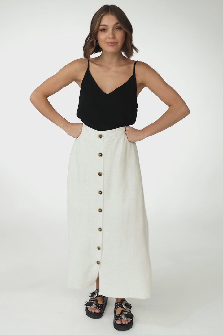 Murphy Midi Skirt - High Waisted Button Decal A-Line Skirt in Oat
