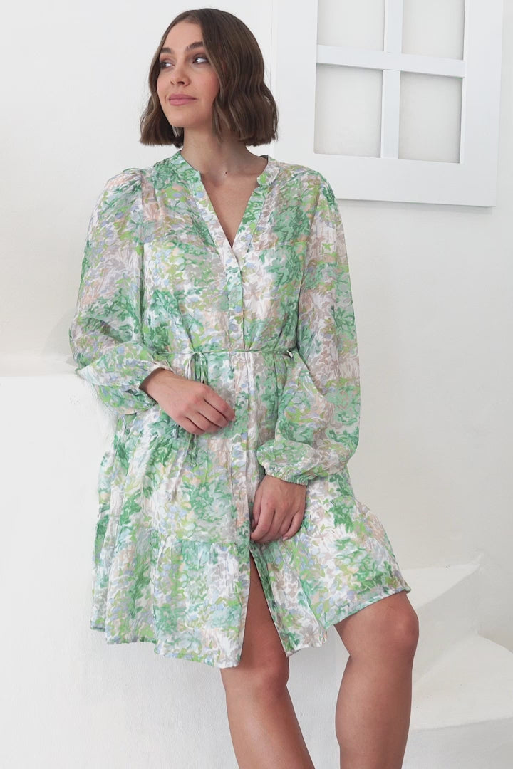 Cadell Mini Dress: Mandarin Collar Buttoned Down Dress in Odette Print