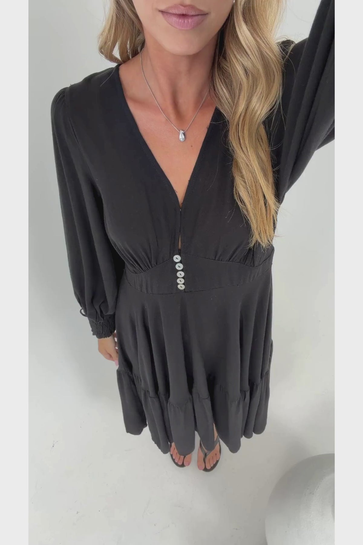 Kella Midi Dress - V Neck Long Sleeve A Line Tiered Dress in Black