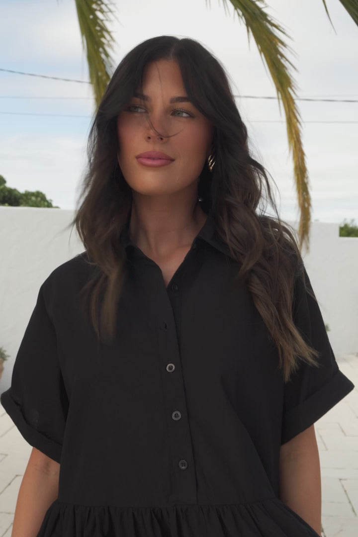 Estelle Mini Dress - Collared Tiered Smock Dress in Black
