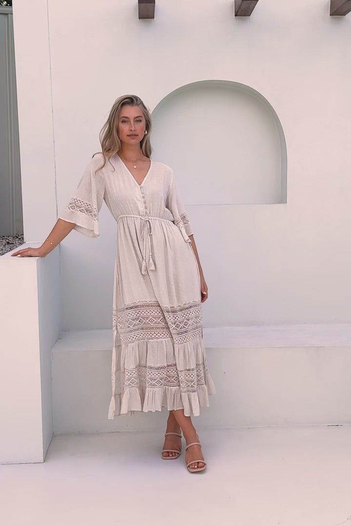 Kaely Maxi Dress - Delicate Lace Panel Detailed A Line Dress in Cream