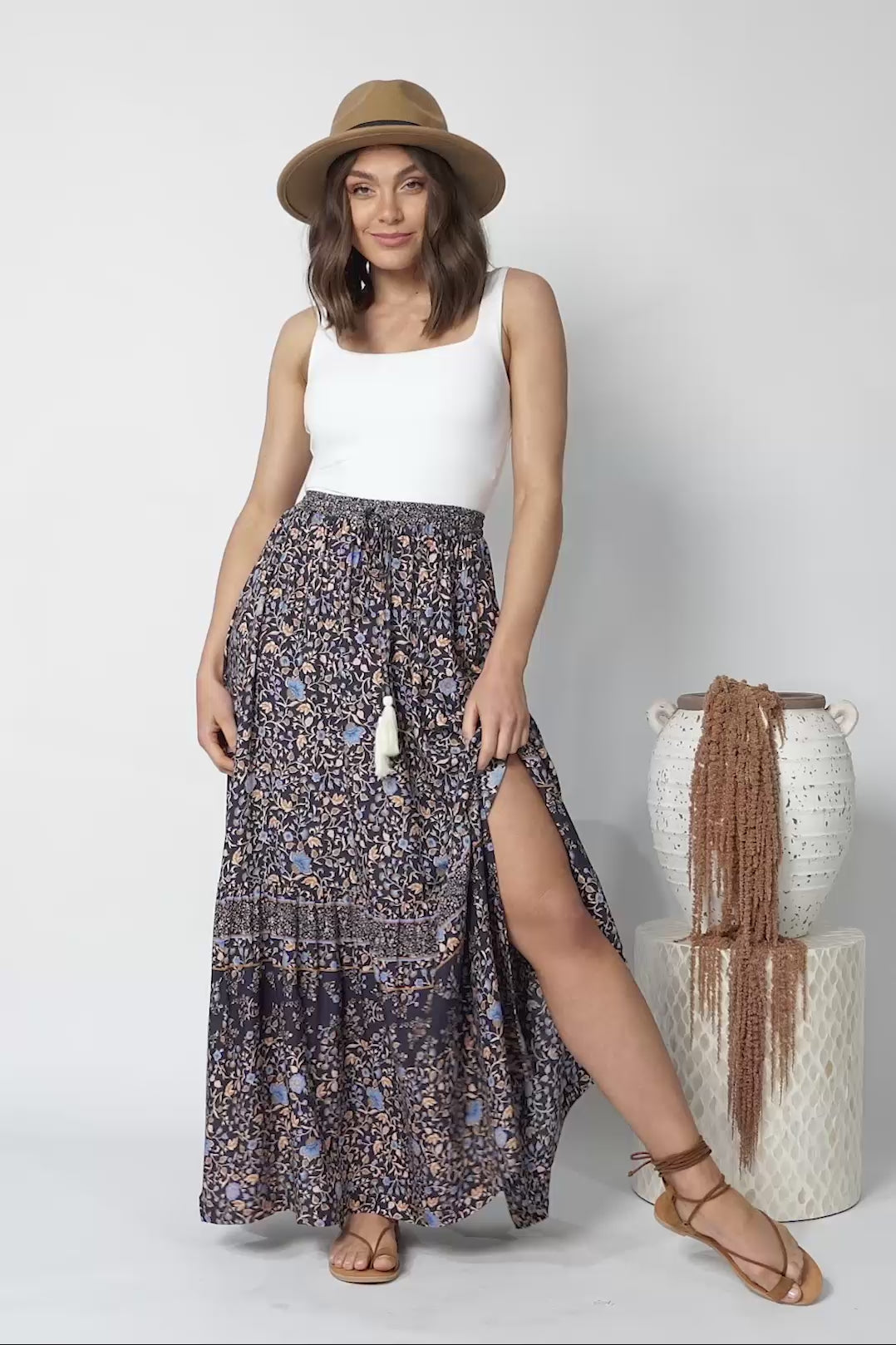 Delany Maxi Skirt - High Waisted Skirt with Tassel Waist Tie and Front Splits in Floral Print