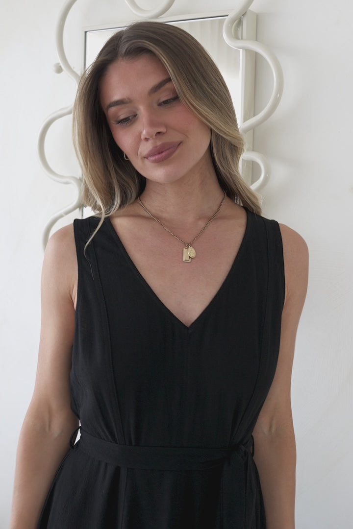 Delphy Midi Dress - Linen V Neck Sleeveless A-Line Dress with Waist Tie in Black