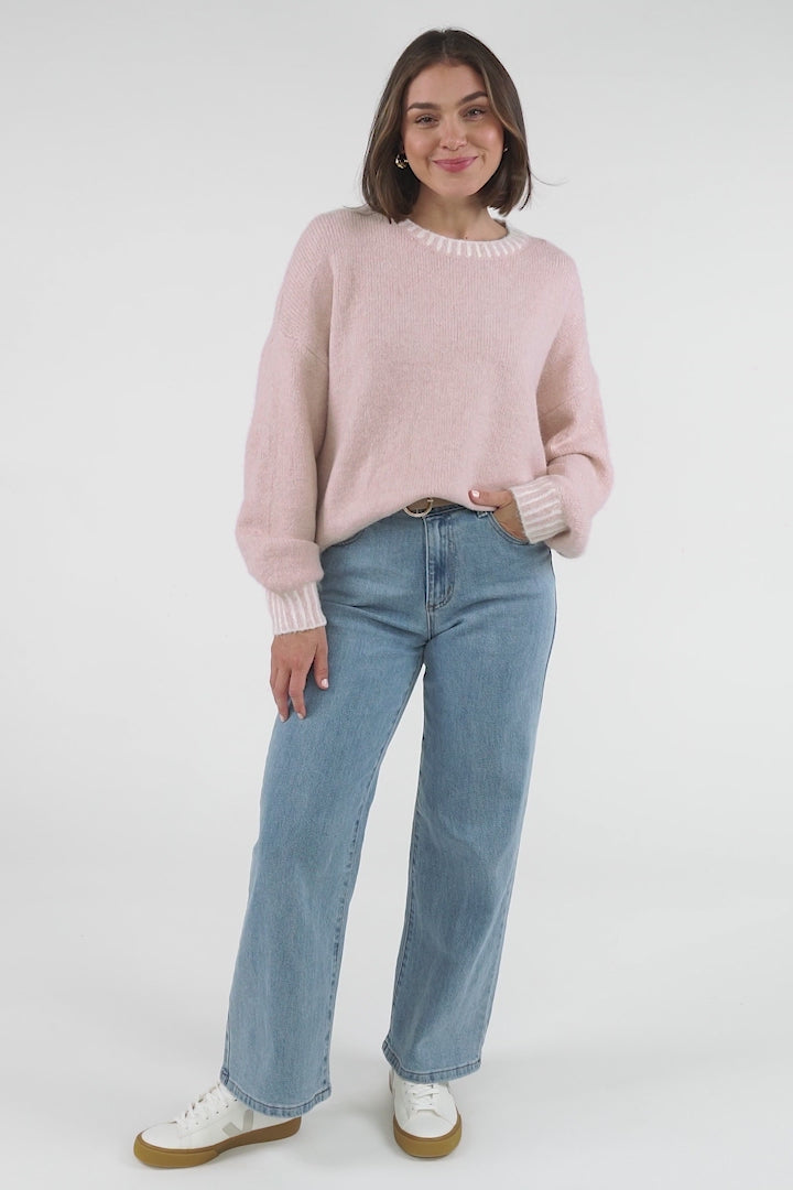 Aura Jumper - Crew Neck Jumper with Contrast Stripe Trim in Pink