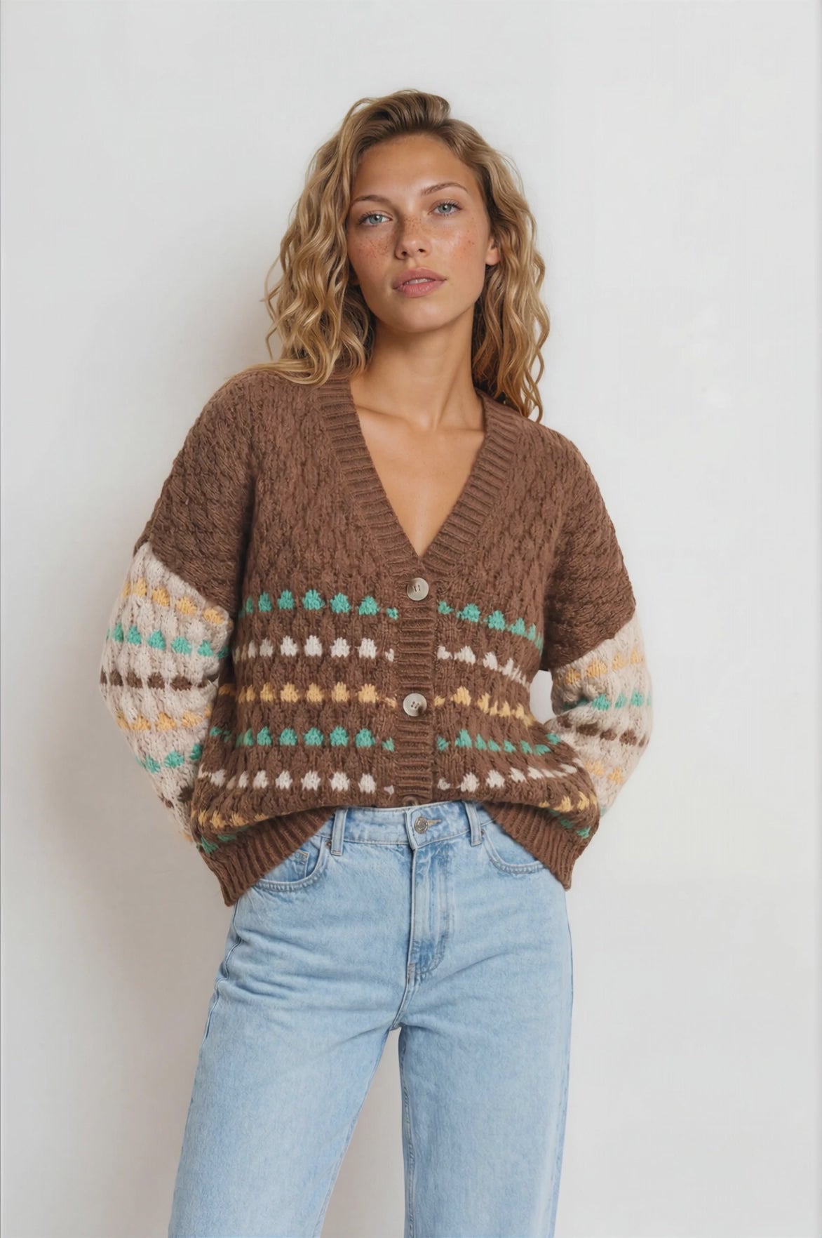 Lyla Cardigan - V Neck Button Front Bubble Knit with Contrast Stripes in Coffee