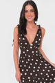 Maude Maxi Dress - Deep V-Neck Ties on Shoulders Tiered Dress in Kitson Spot Print Chocolate