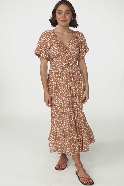 Tea Midi Dress - Pull In V Neckline Dress with Cap Sleeves in Aminah Print Rust