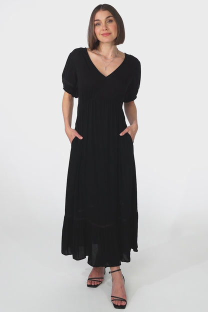 Marin Maxi Dress - Hollow-Out Lace Detailed Empire Waist Line Dress in Black