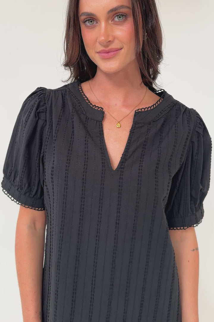 Loyalty Top - Textured V-Neck Split Collar Top with Puff Sleeves and Scallop Trims in Black