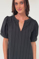 Loyalty Top - Textured V-Neck Split Collar Top with Puff Sleeves and Scallop Trims in Black