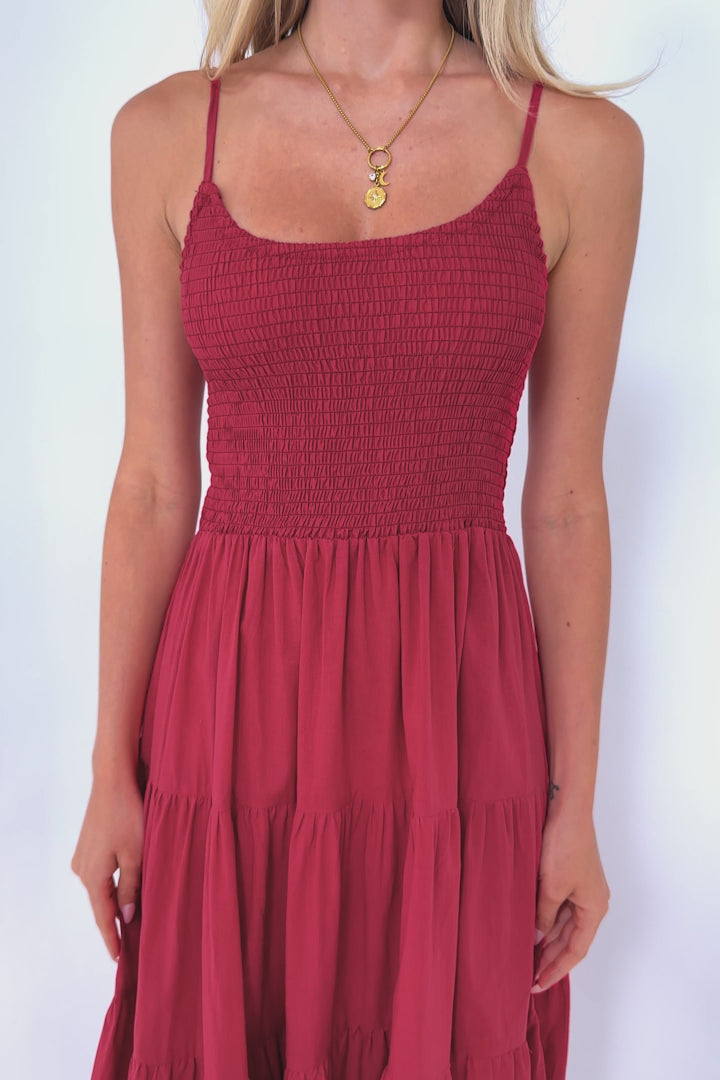 Nessa Maxi Dress - Tie Up Strap Tiered Sun Dress in Red