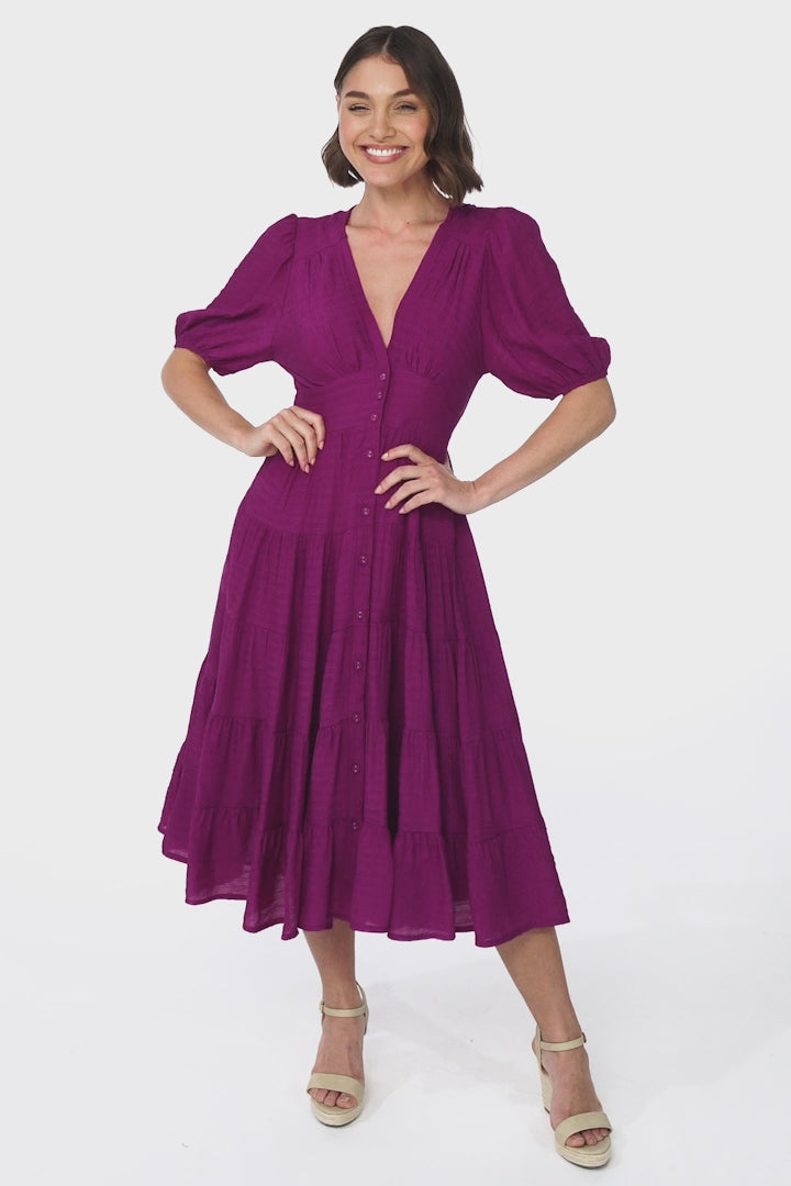 Divya Midi Dress - V Neck Button Through Dress With Ballon Sleeves in Magenta