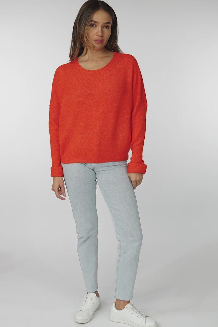 Joanne Knit Top - Crew Neckline Bat Wing Long Sleeve Top in Orange