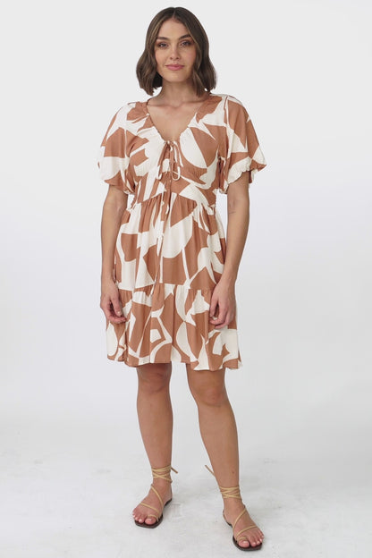 Lilly Mini Dress - Adjustable V Neckline Dress with Cap Sleeves in Azira Print Rust