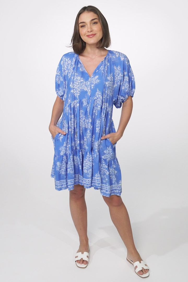 Lia Mini Dress - Balloon Sleeve Smock Dress in Bridgette Print