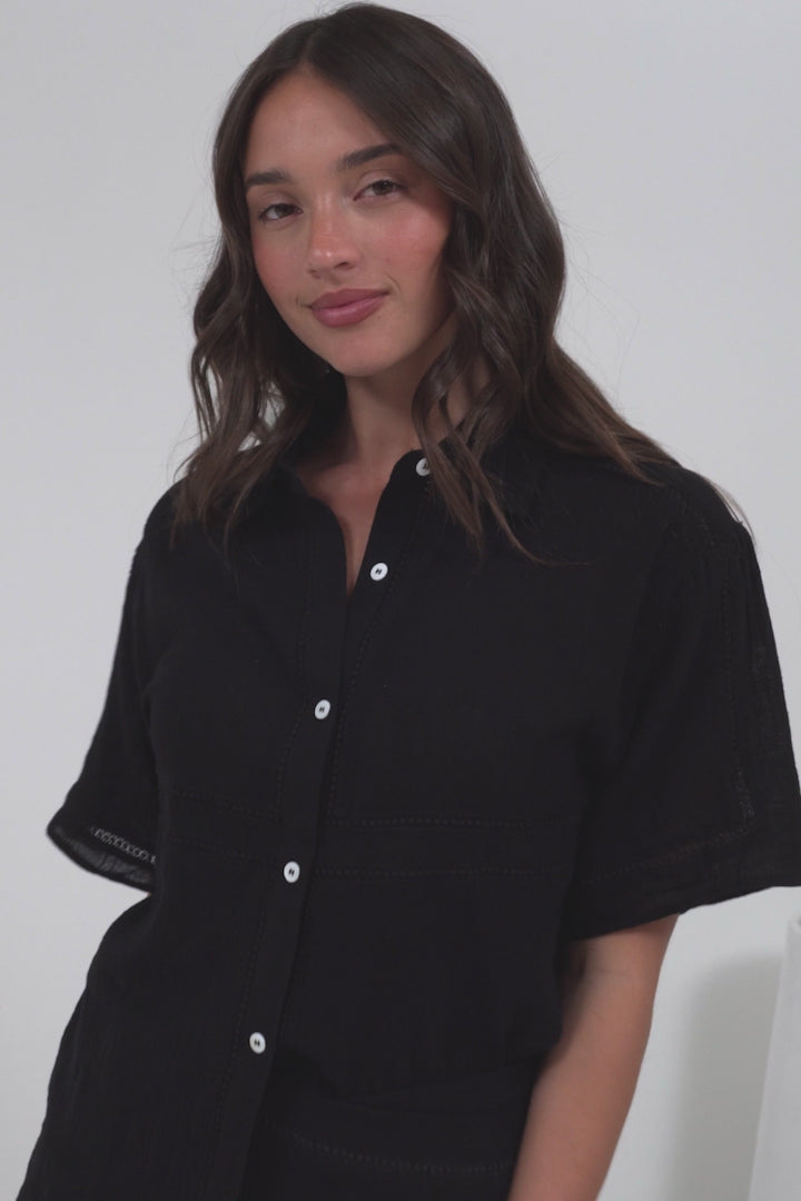 Xara Shirt - Collared Button Down with Lace Detailing in Black