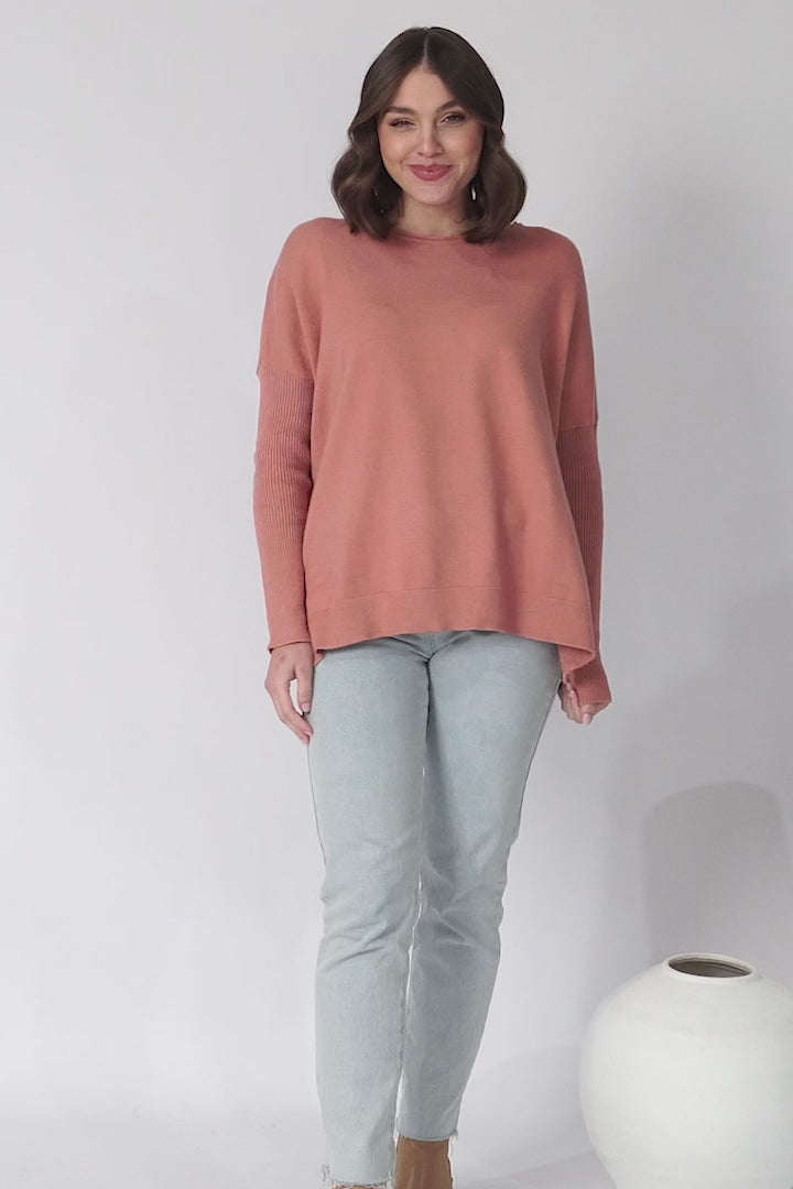 Lorna Jumper - Crew Neck Batwing Sleeve Jumper with Buttons in Peach