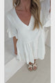 Audrina Mini Dress - Soft V Neck Tiered Dress with Short Sleeves and Frill Cuff in White