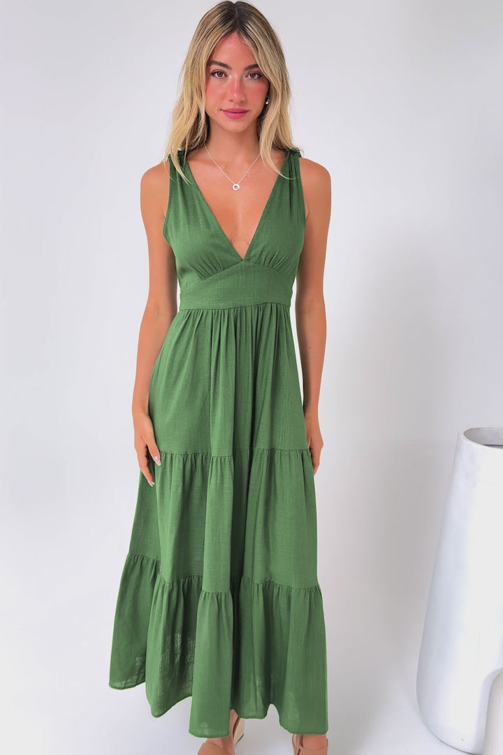 Maude Maxi Dress - Deep V-Neck Ties on Shoulders Tiered Dress in Green