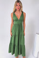 Maude Maxi Dress - Deep V-Neck Ties on Shoulders Tiered Dress in Green