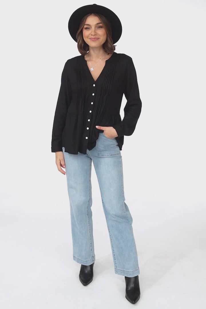 Marjorye Linen Blouse - Pleating Bodice Details Blouse With Long Sleeves In Black