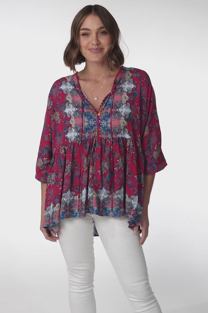 JAASE - Chloe Top: Very Oversized Crochet Trim Neckline Smock Top in Strawberry Kiss Print