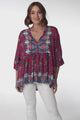 JAASE - Chloe Top: Very Oversized Crochet Trim Neckline Smock Top in Strawberry Kiss Print