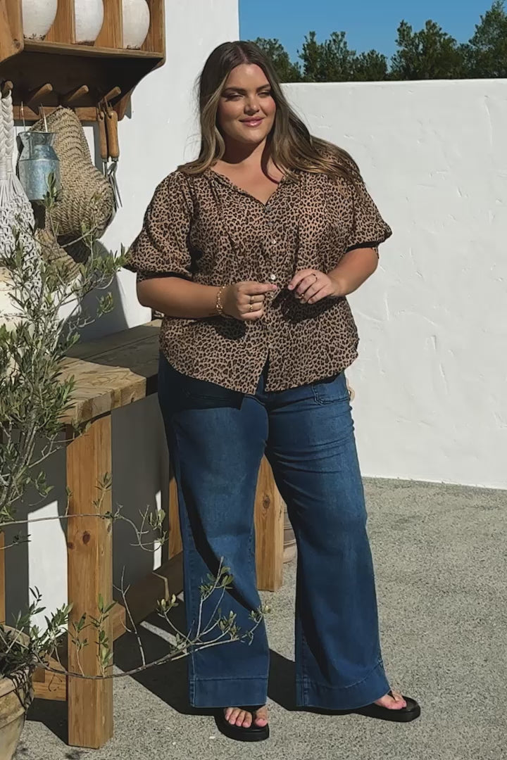 Acacia Blouse - Button Down Short Balloon Sleeve Shirt with Buttoned Cuffs in Wyatt Print