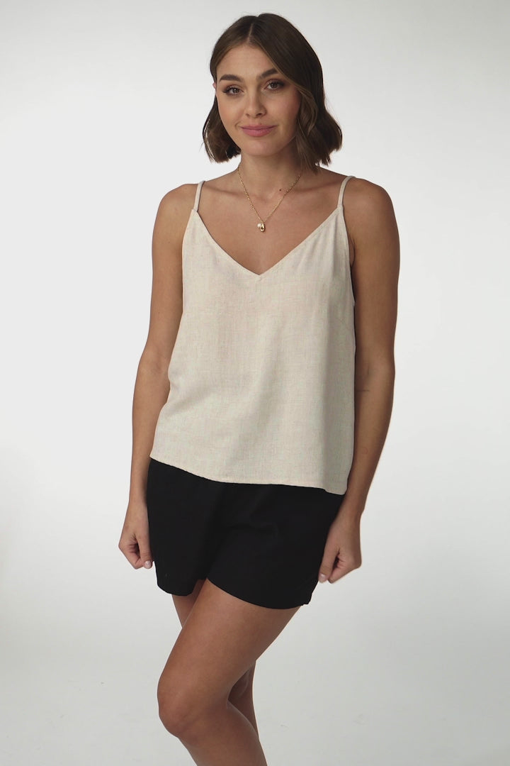 Emah Cami - Relaxed V Neck Adjustable Strap Top in Oat