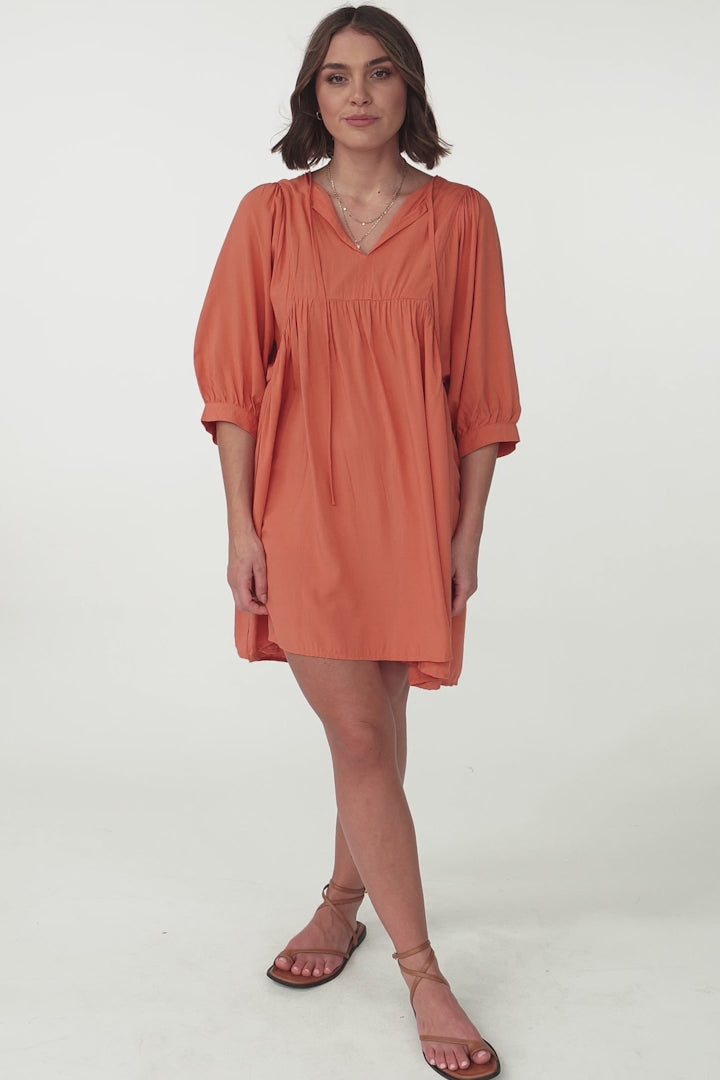 Mariah Mini Dress - V Neck Smock Dress with Batwing Sleeves in Tangerine