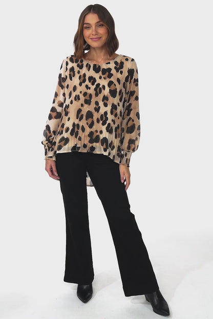 Kayt Blouse - Plisse Long Sleeve Top with High-Low Hemline in Tibbi Print