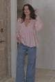 Coral Top - Frill Neckline Empire Bustline Textured Top with Long Balloon Sleeves in Blush