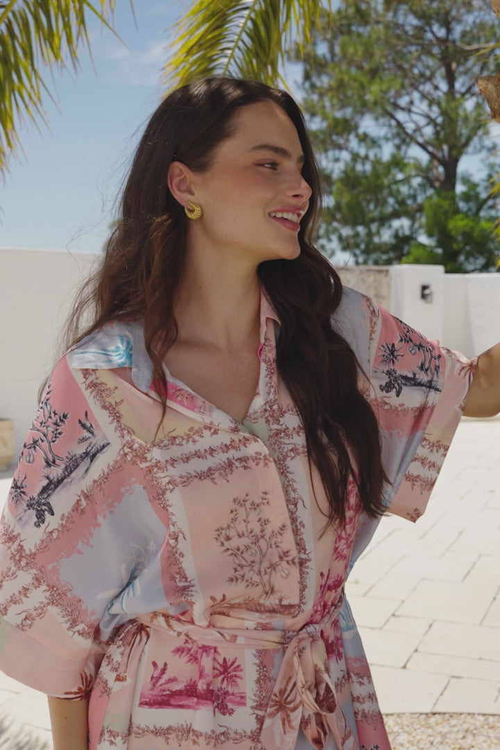 Robina Playsuit - Collared Button Down Front with Detatchable Waist Tie in Haze Print