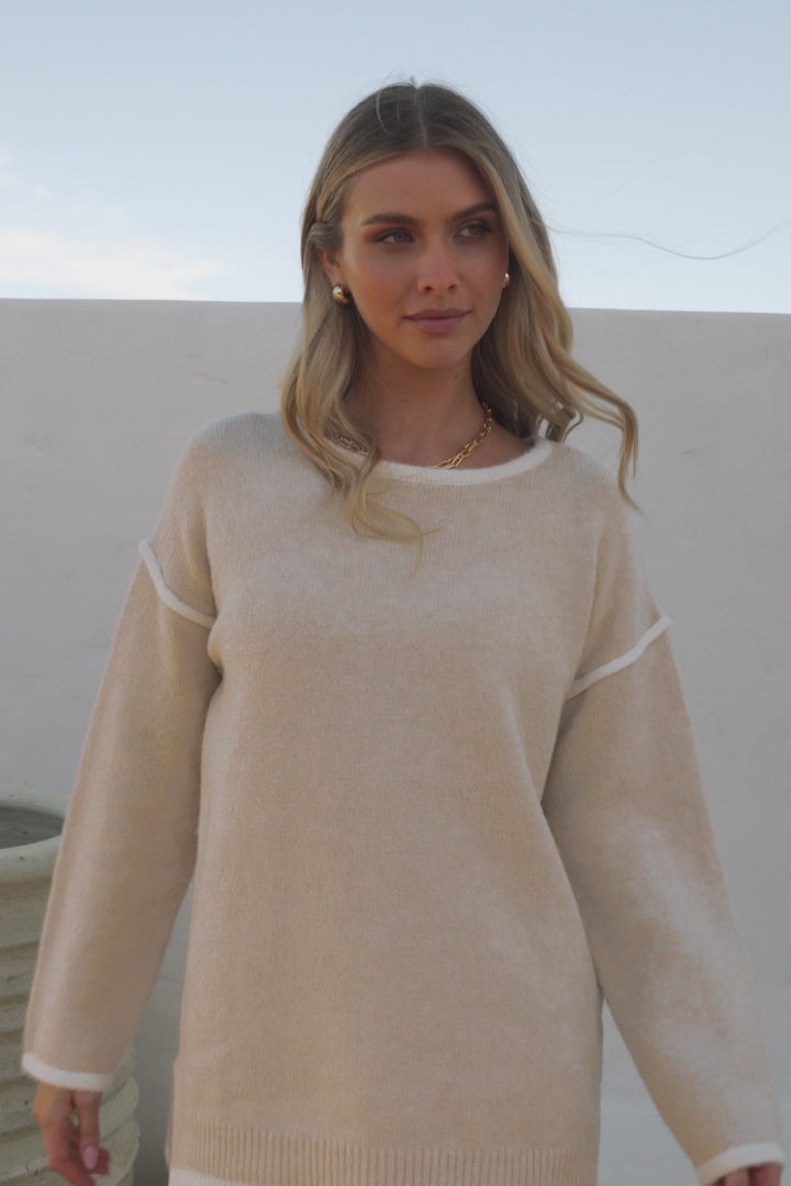 Jaspin Jumper - Crew Neck Contrast Trim Jumper in Beige