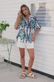 Natalia Blouse - Button Down Mandarin Collar Shirt in Calea Blue Print