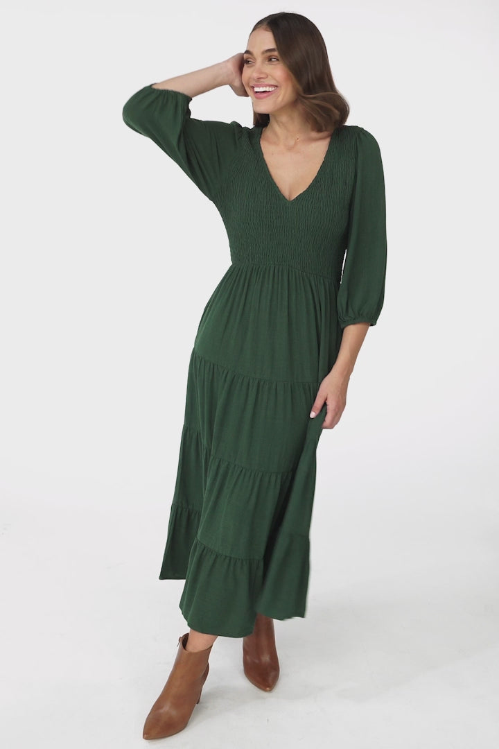 Lellah Midi Dress - Shirred Bodice Soft V Neck Tiered Dress in Green