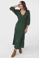 Lellah Midi Dress - Shirred Bodice Soft V Neck Tiered Dress in Green