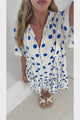 Abilia Mini Dress - Mandarin Collar Smock Dress in Connie Print Cream/Blue