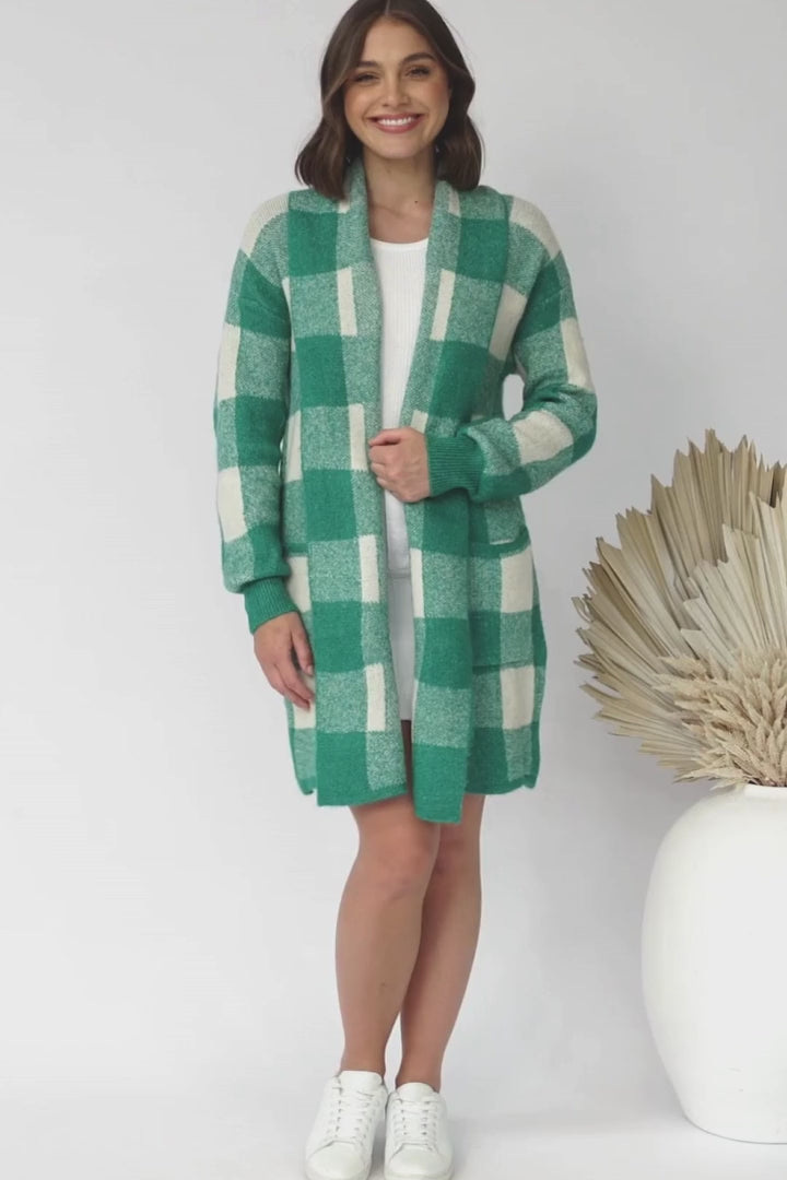 Adelen Cardigan - Folded Center Front Checkered Cardigan in Green